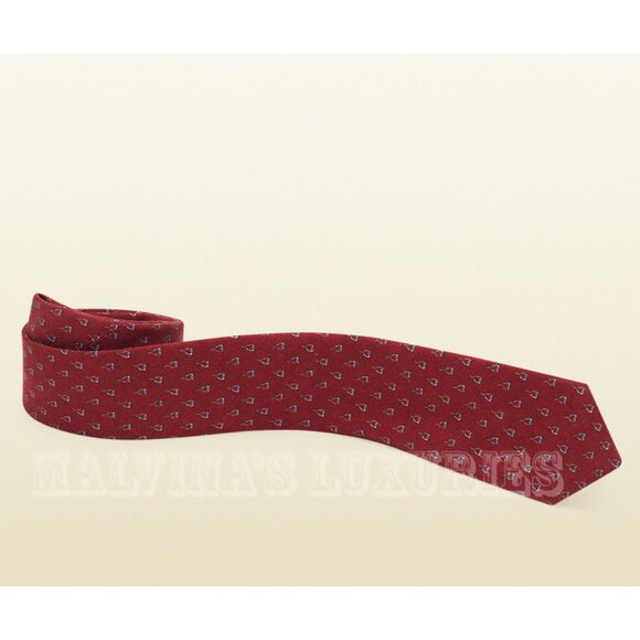 GUCCI TIE RED & LIGHT GREY STIRRUP PRINT SILK  NEW AUTH - Picture 2 of 3